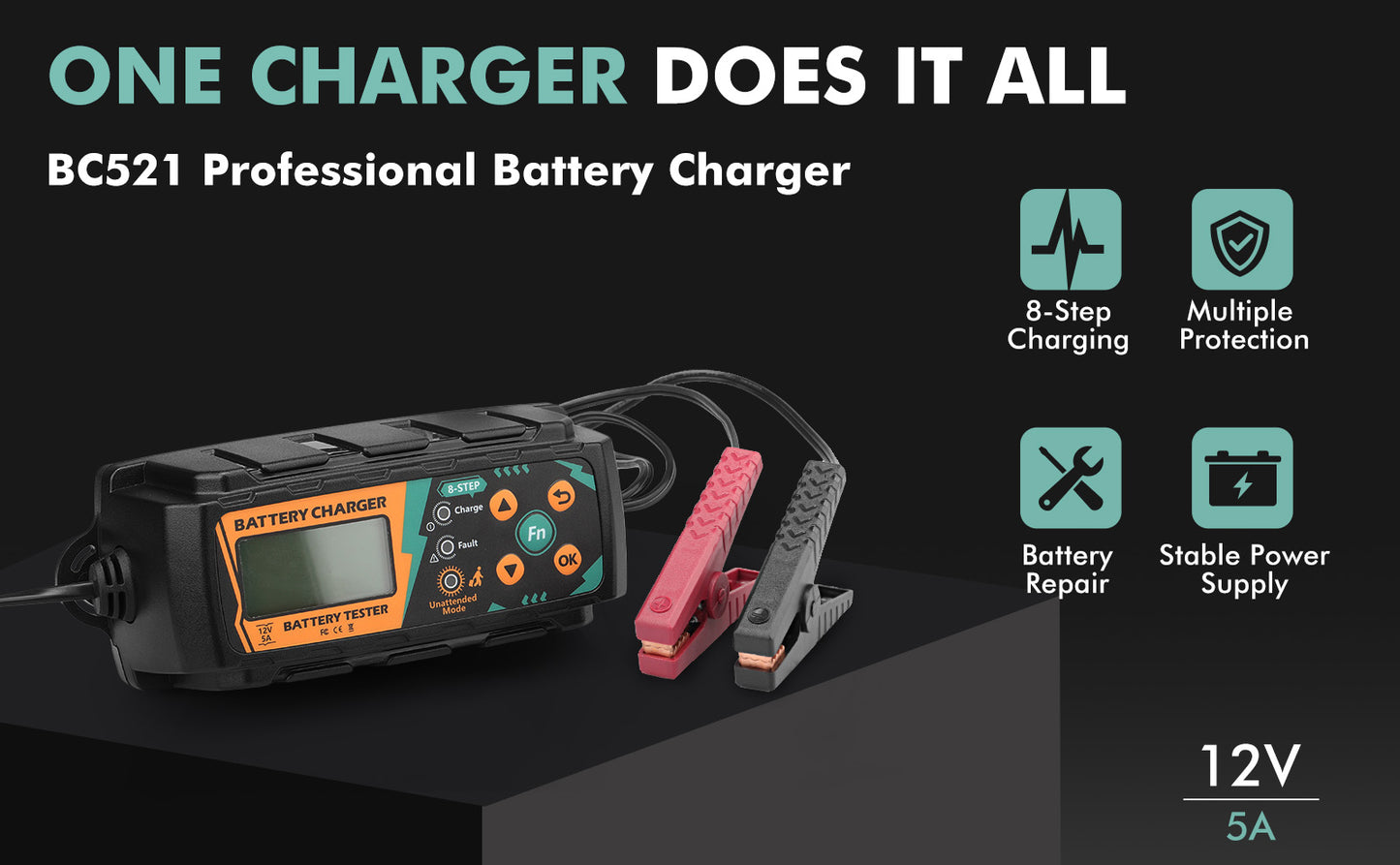 Safe battery charger with battery detection to repair battery short circuit and smart APP management and IP65