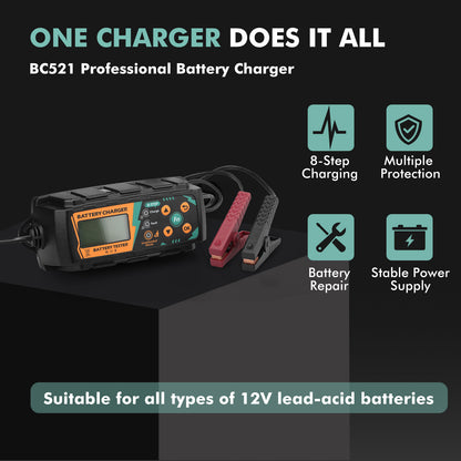 Safe battery charger with battery detection to repair battery short circuit and smart APP management and IP65