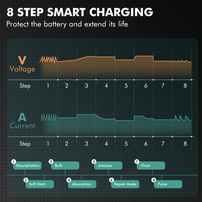 Safe battery charger with battery detection to repair battery short circuit and smart APP management and IP65